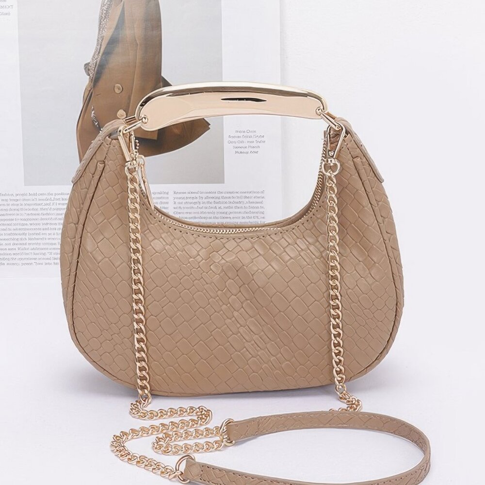 Embossed Faux Leather Metal Handle Bag